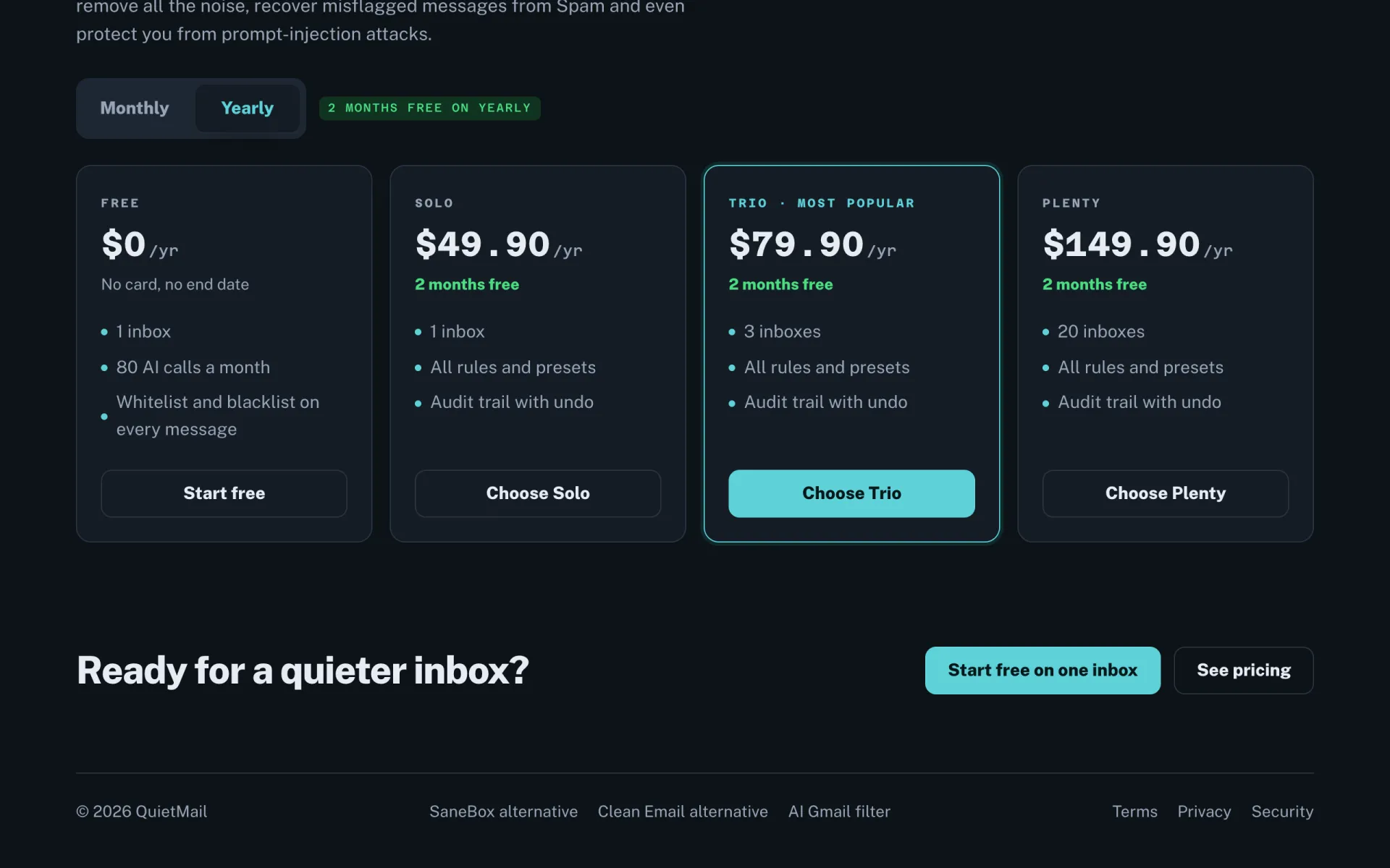 QuietMail's home page with the Start free on one inbox button